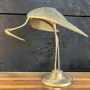 Vintage Standing Crane Stork Bird Brass Statue Figure Figurine Wings